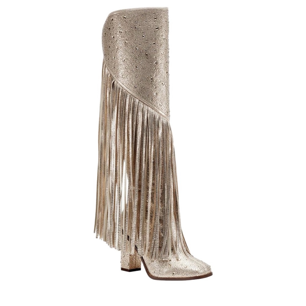 NWOT Jessica Simpson Gold Asire2 Rhinestone Embellished Fringe Boots, Sz…
